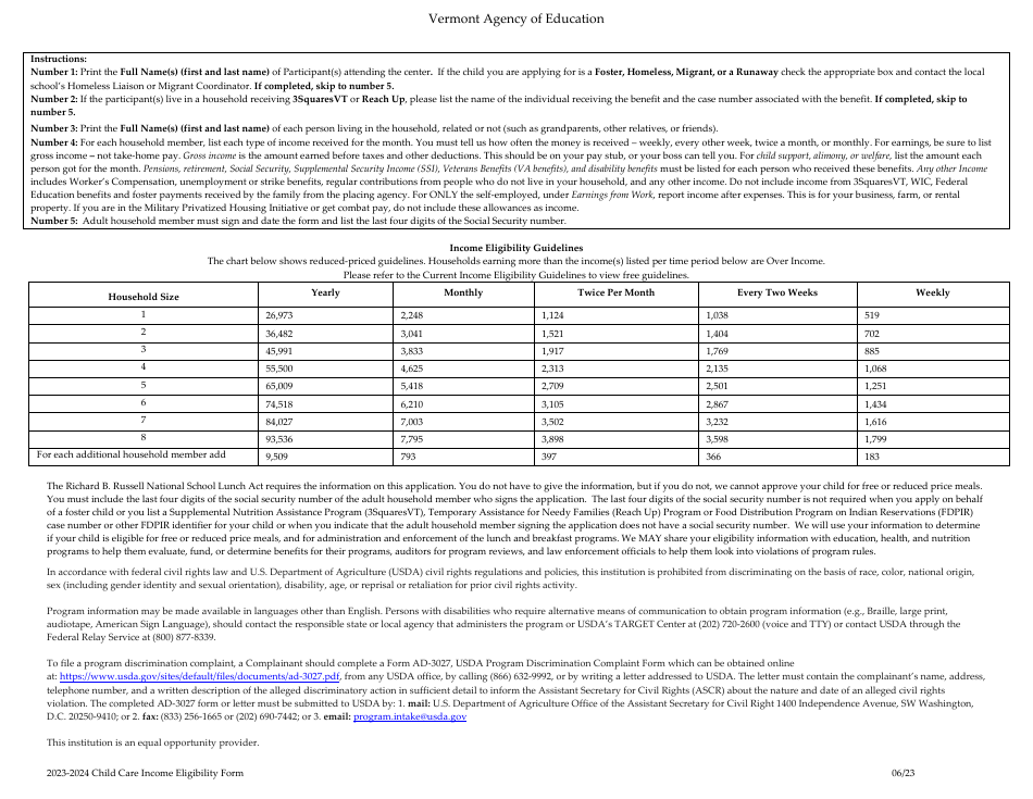 2024 Vermont Child and Adult Care Food Program (CACFP) Child Care