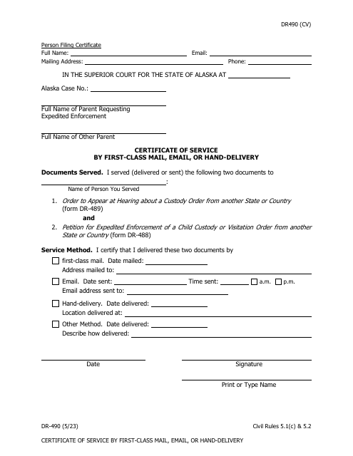 Form DR-490 Certificate of Service by First-Class Mail, Email, or Hand-Delivery - Alaska