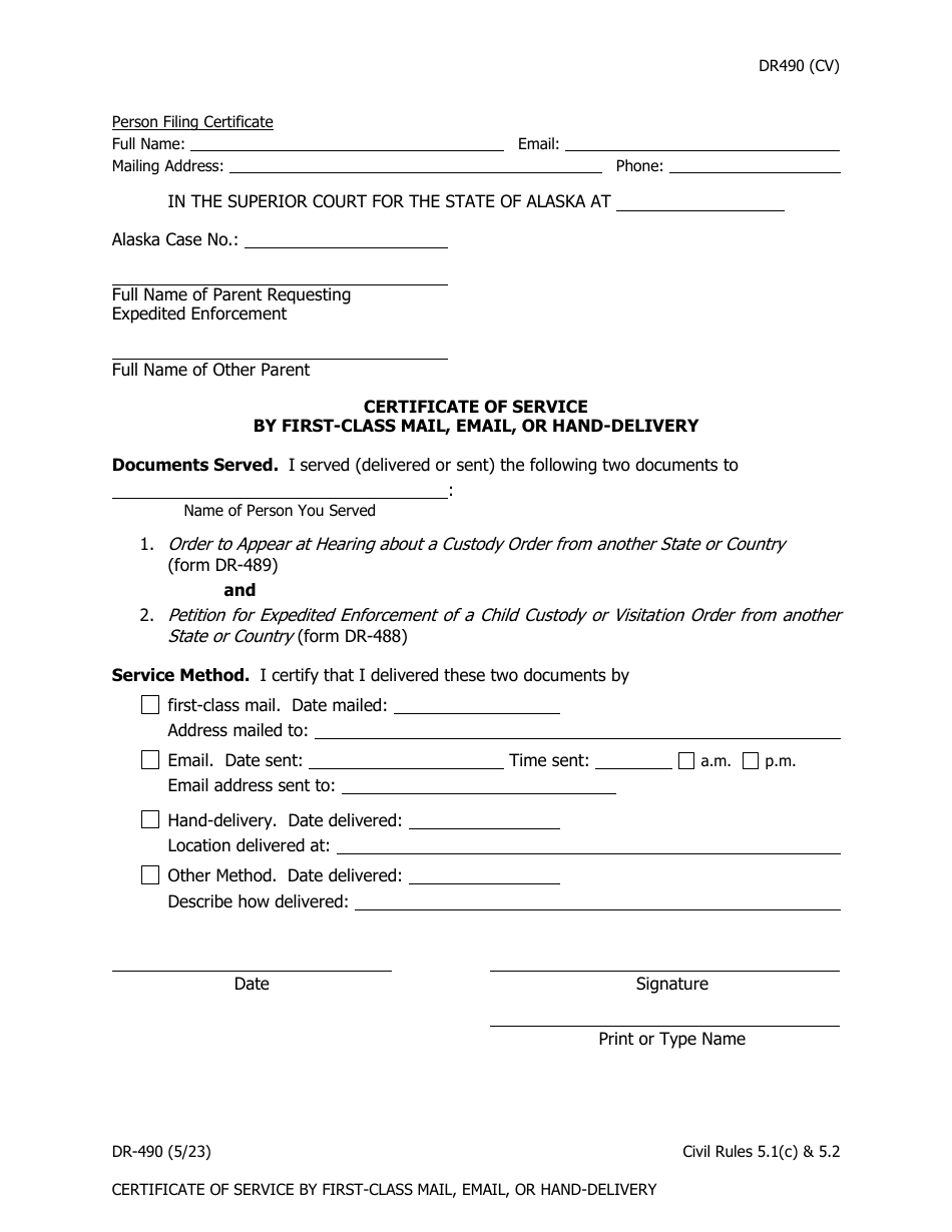 Form DR-490 Certificate of Service by First-Class Mail, Email, or Hand-Delivery - Alaska, Page 1