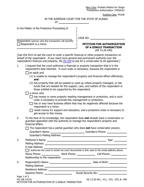 Form PG-106 Petition for Authorization of a Single Transaction - Alaska