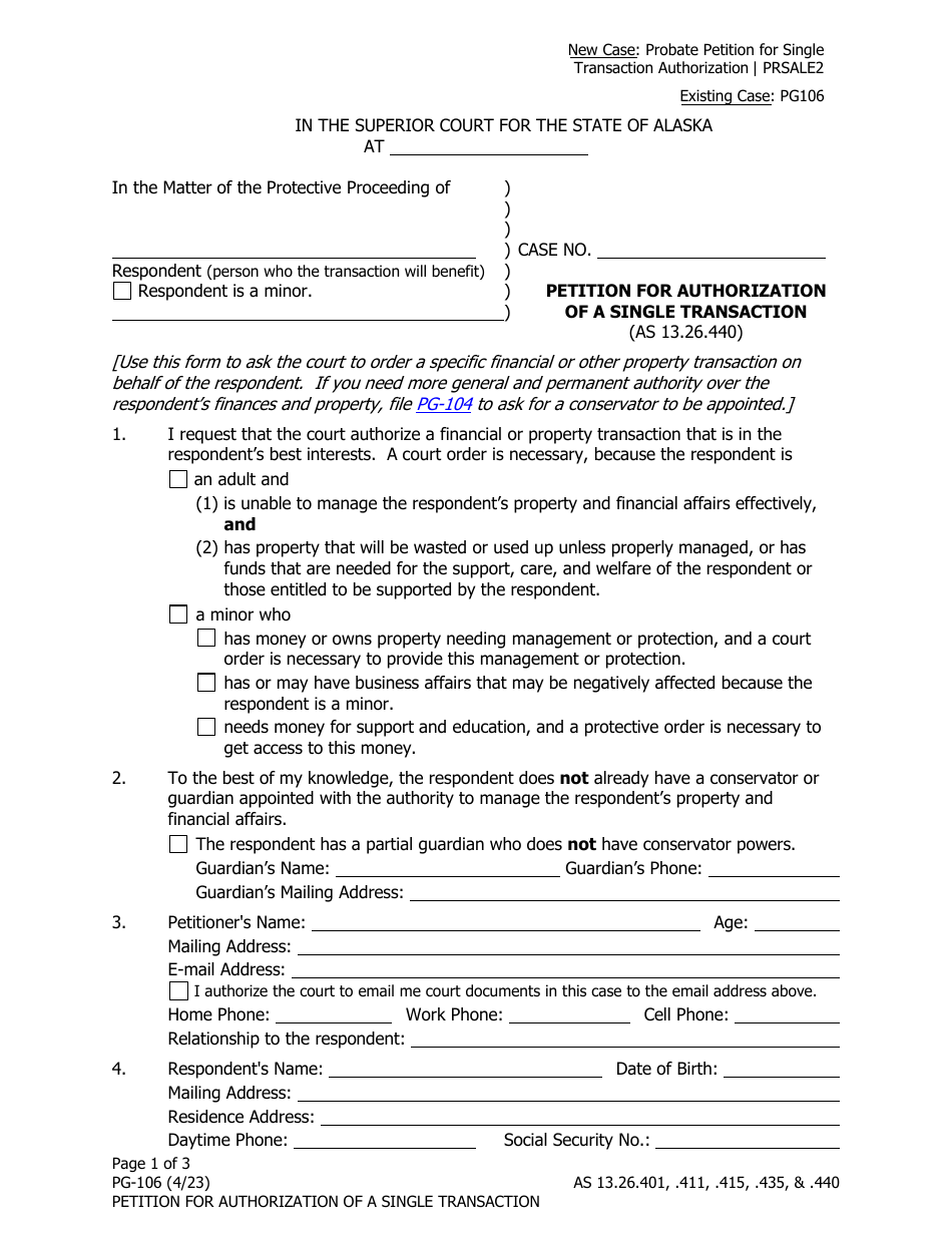 Form PG-106 Petition for Authorization of a Single Transaction - Alaska, Page 1