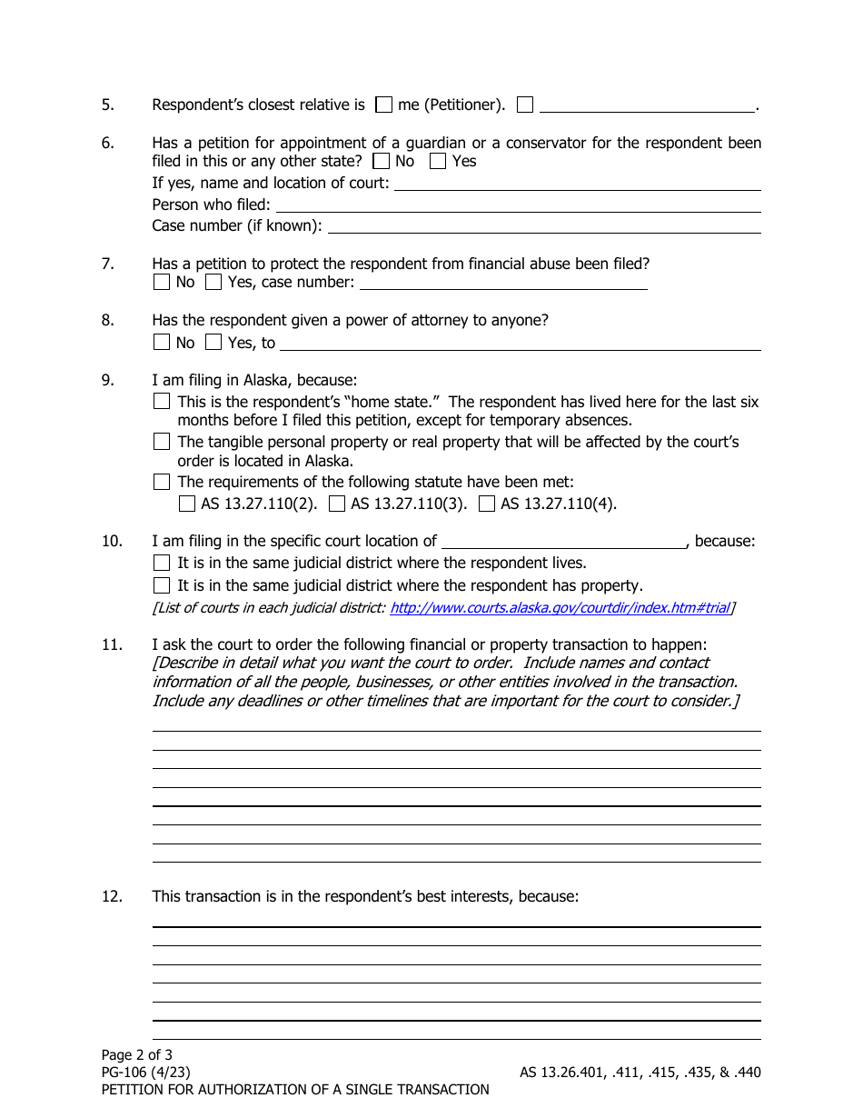 Form PG-106 Petition for Authorization of a Single Transaction - Alaska, Page 2