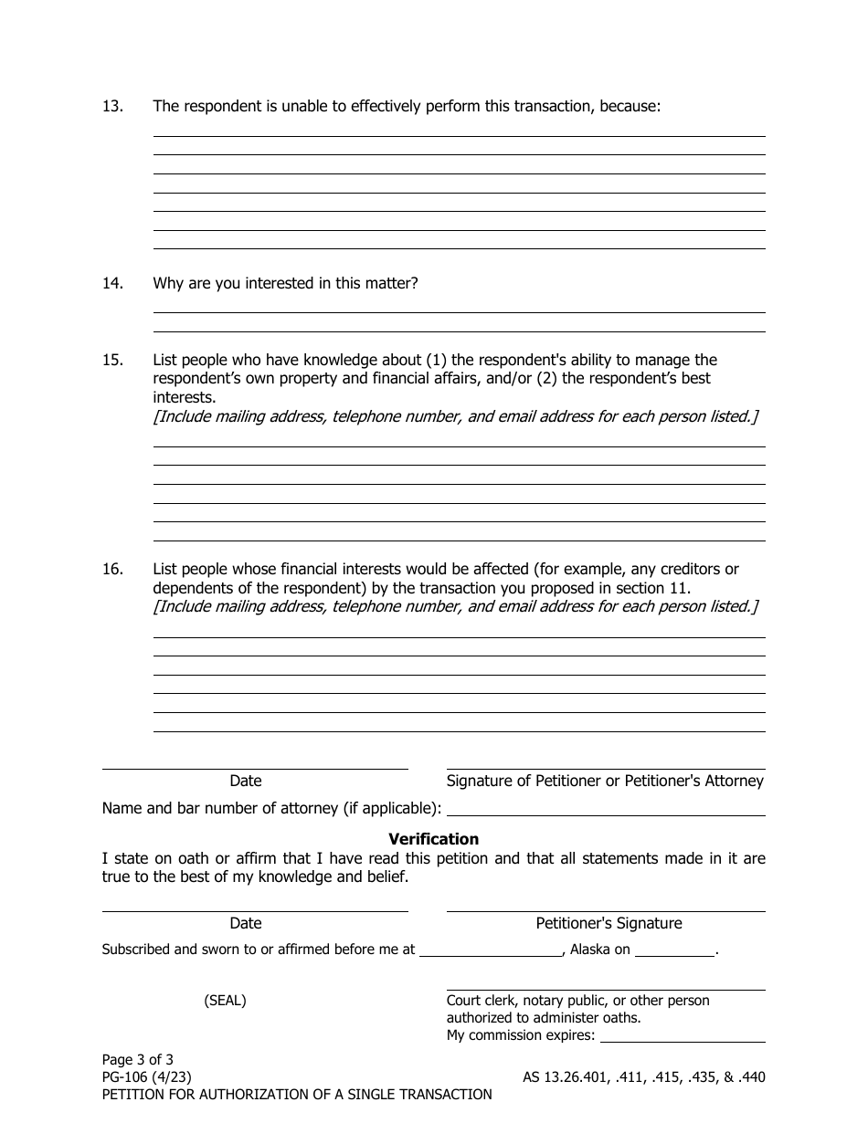 Form PG-106 Petition for Authorization of a Single Transaction - Alaska, Page 3