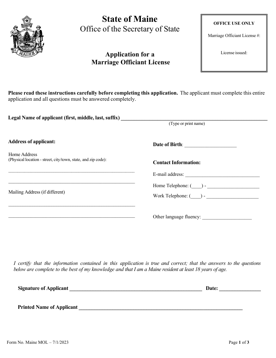 Maine Application for a Marriage Officiant License Fill Out, Sign