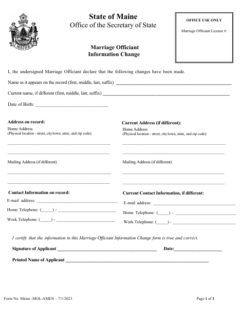 Form MAINE-MOL-AMEN Marriage Officiant Information Change - Maine
