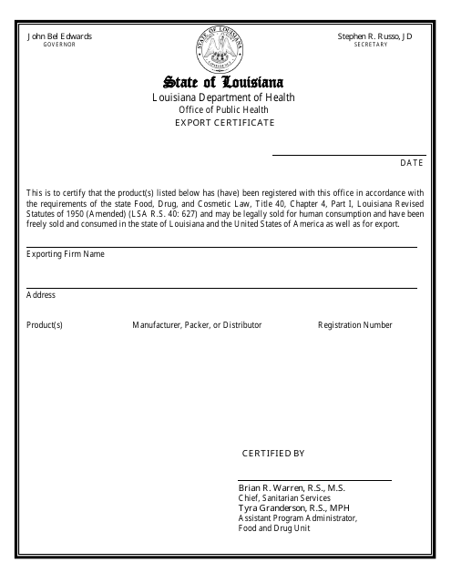Form FD-37 Export Certificate - Louisiana
