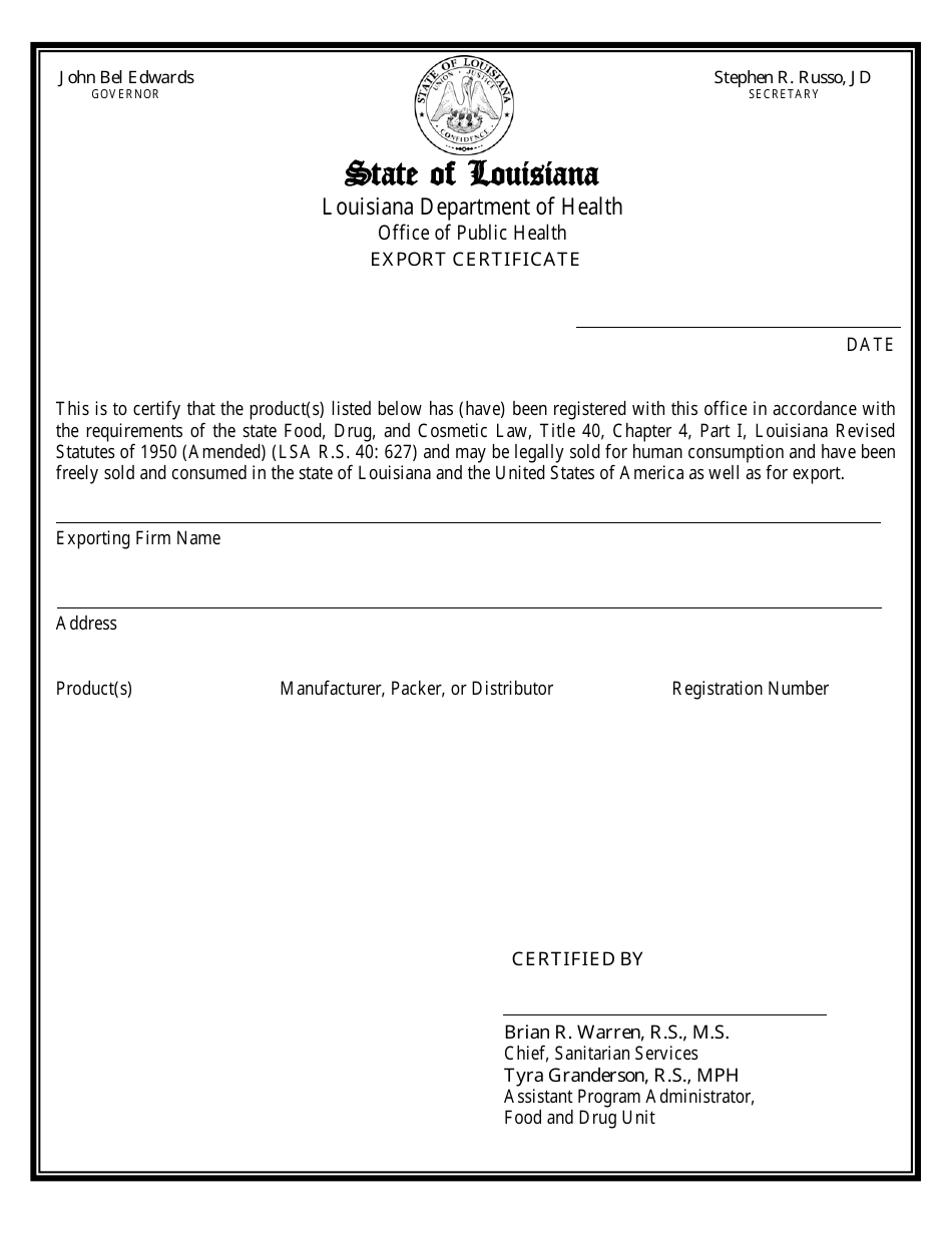Form FD-37 Export Certificate - Louisiana, Page 1