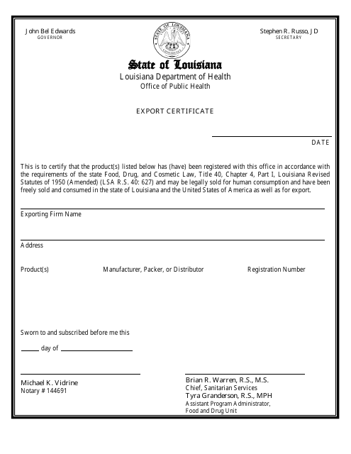 Form FD-37A Notarized Export Certificate - Louisiana