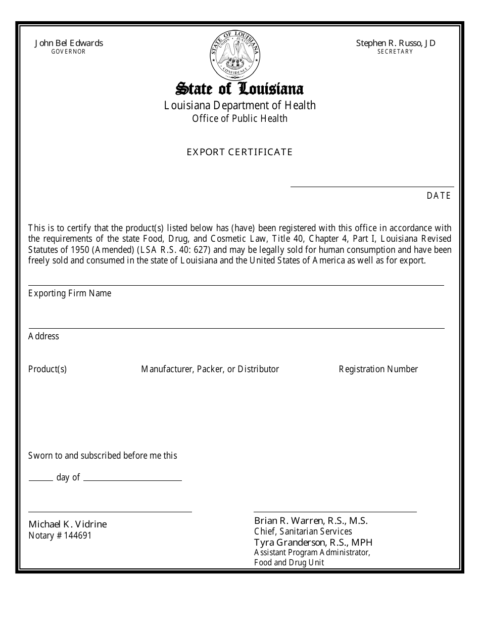 Form FD-37A Notarized Export Certificate - Louisiana, Page 1