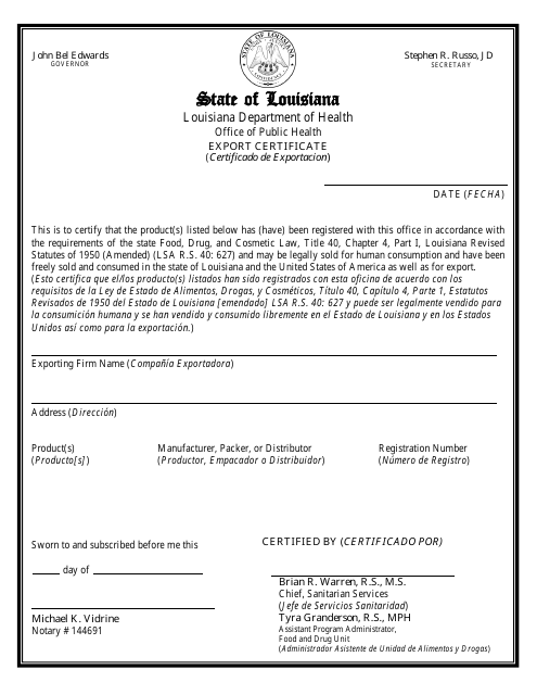 Form FD-37B Notarized Export Certificate - Louisiana (English/Spanish)