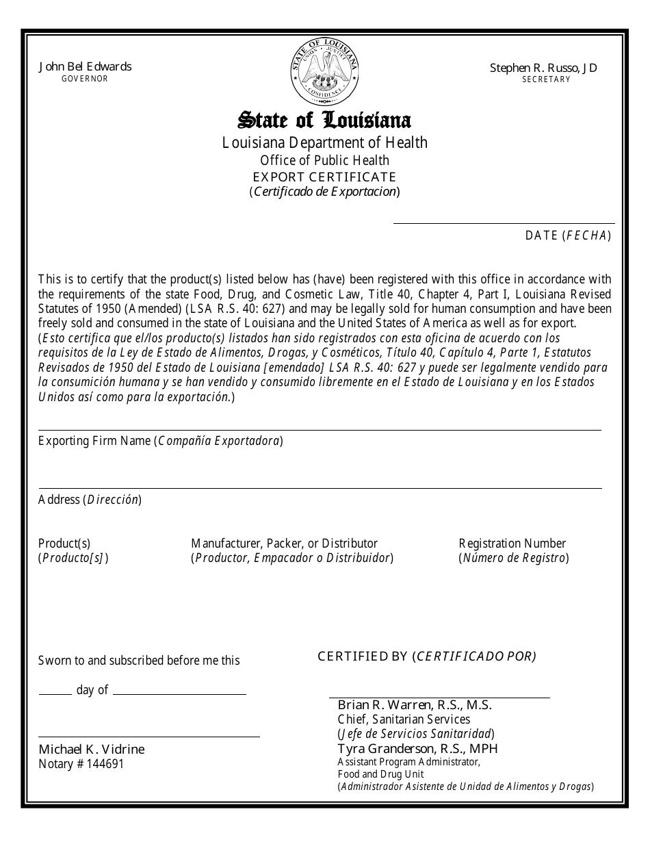 Form FD-37B Notarized Export Certificate - Louisiana (English / Spanish), Page 1