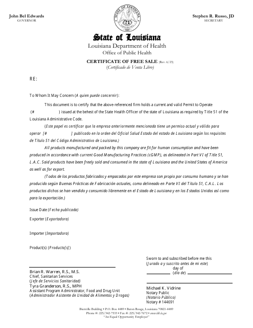 Certificate of Free Sale - Louisiana (English/Spanish)