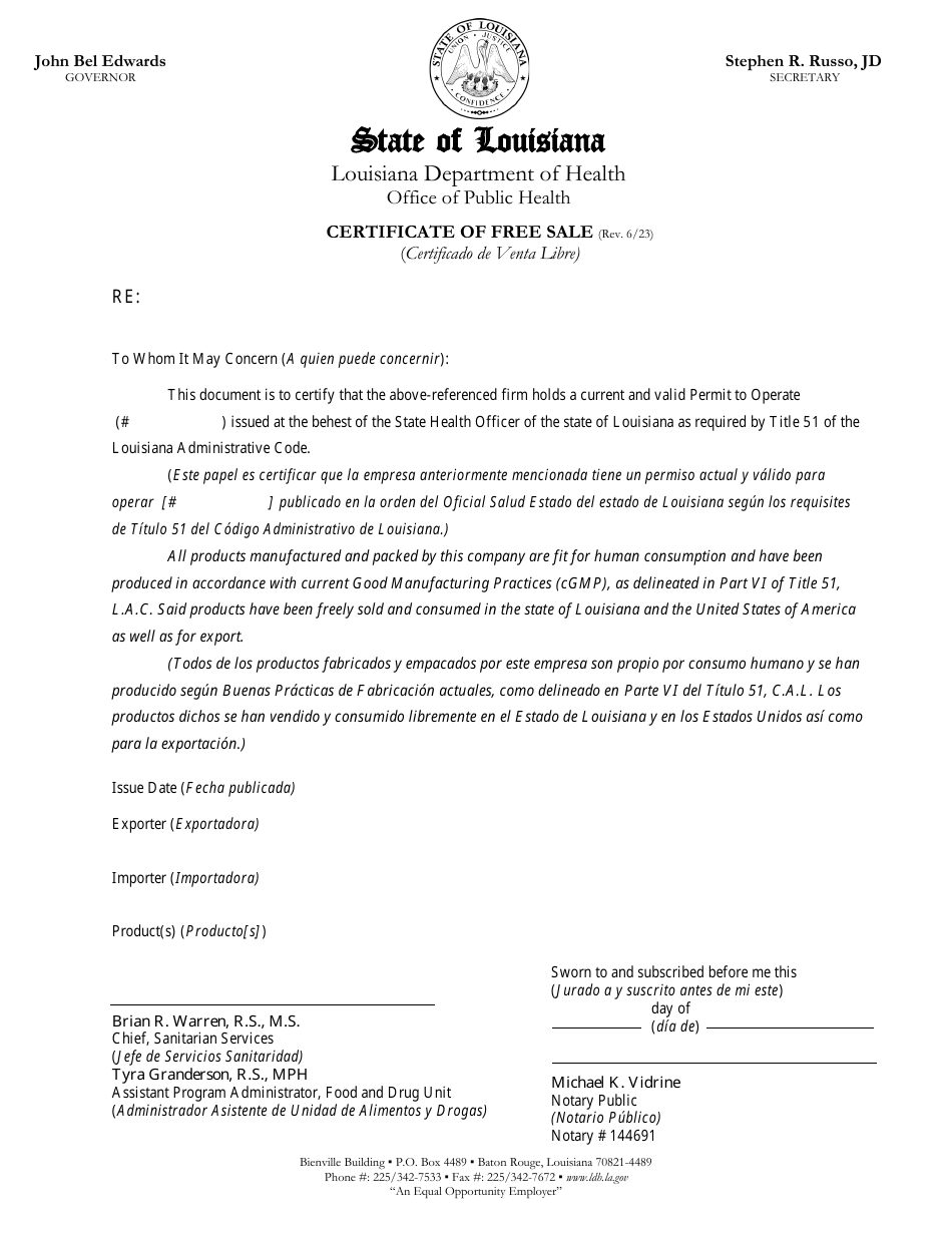 Certificate of Free Sale - Louisiana (English / Spanish), Page 1
