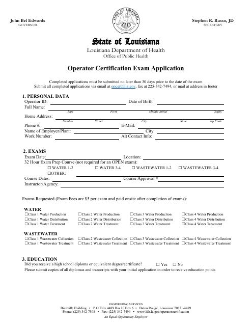 Operator Certification Exam Application - Louisiana Download Pdf