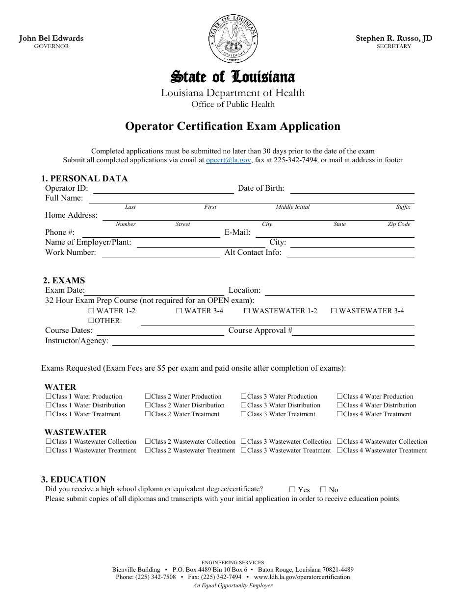 Operator Certification Exam Application - Louisiana, Page 1
