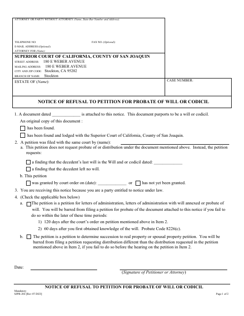 Form SJPR-202 Notice of Refusal to Petition for Probate of Will or Codicil - County of San Joaquin, California