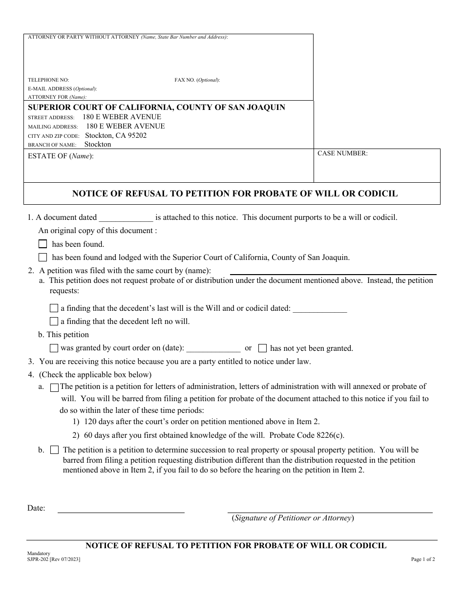 Form SJPR-202 Notice of Refusal to Petition for Probate of Will or Codicil - County of San Joaquin, California, Page 1