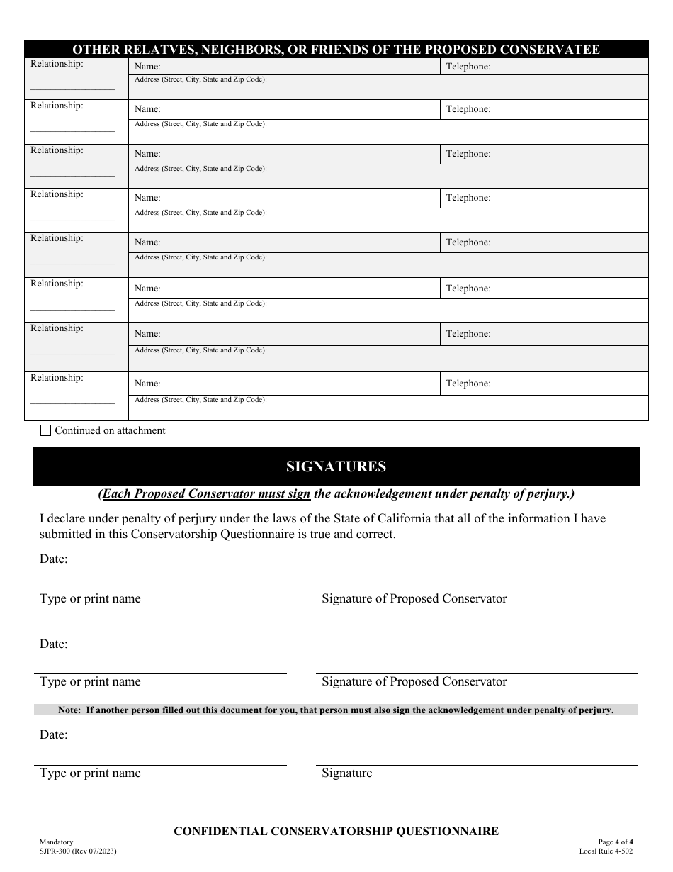 Form SJPR-300 Confidential Conservatorship Questionnaire - County of San Joaquin, California, Page 4