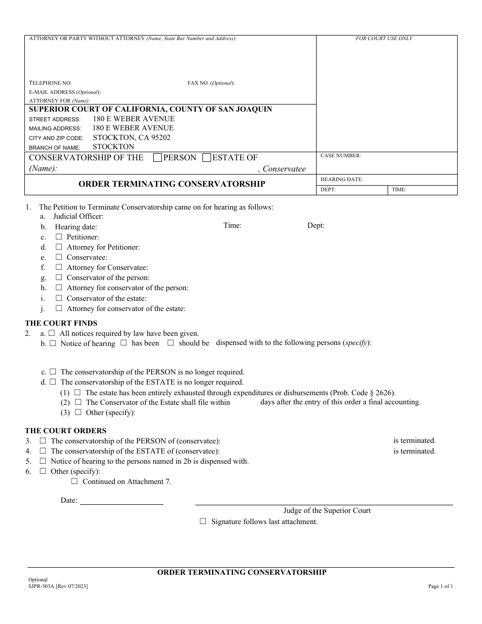 Form SJPR-303A Order Terminating Conservatorship - County of San Joaquin, California, Page 1