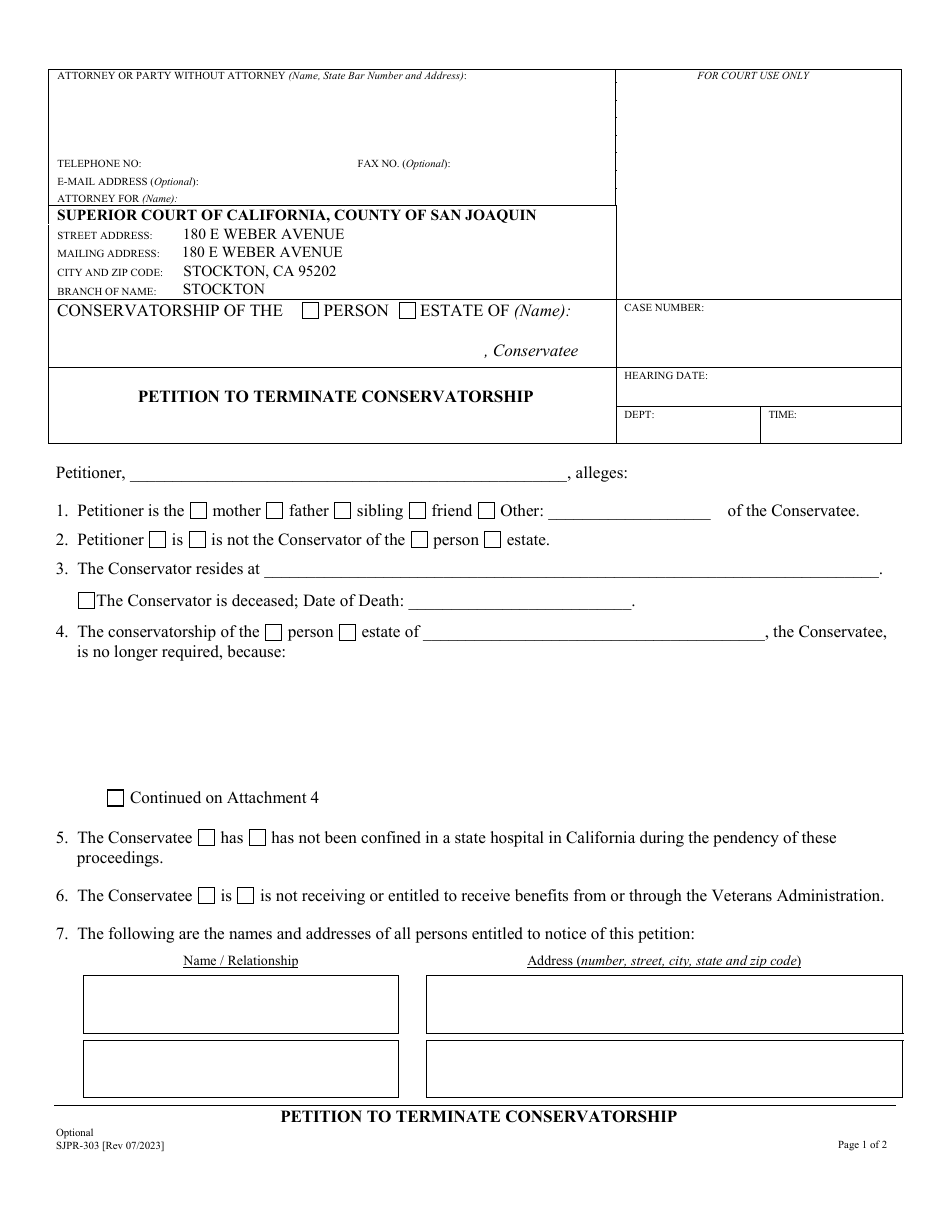 Form SJPR-303 Petition to Terminate Conservatorship - County of San Joaquin, California, Page 1