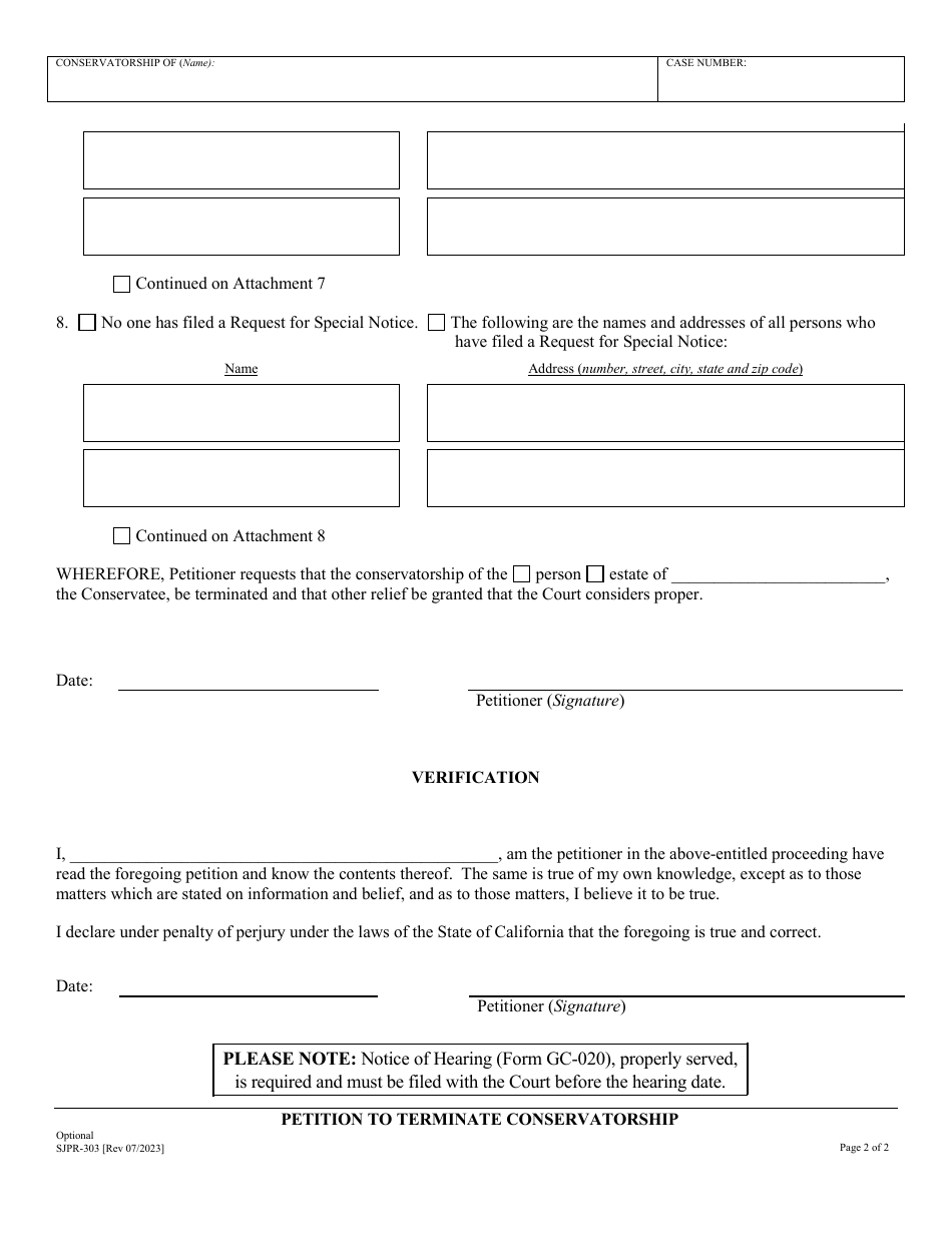 Form SJPR-303 Petition to Terminate Conservatorship - County of San Joaquin, California, Page 2