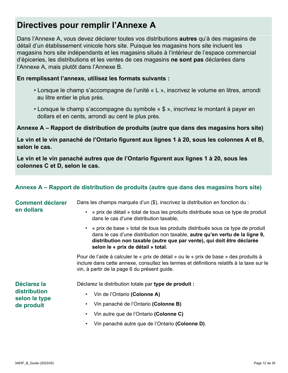 Forme 3483F Guide Relatif a La Declaration Sur Le Vin Et Le Vin Panache - B Guide (Etablissements Vinicoles Qui Ont Un Magasin De Detail Hors Site) - Ontario, Canada (French), Page 12