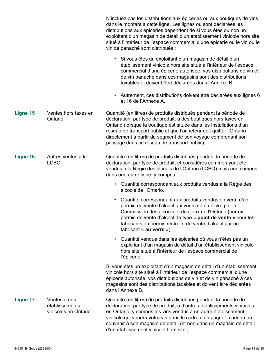 Forme 3483F Guide Relatif a La Declaration Sur Le Vin Et Le Vin Panache - B Guide (Etablissements Vinicoles Qui Ont Un Magasin De Detail Hors Site) - Ontario, Canada (French), Page 19