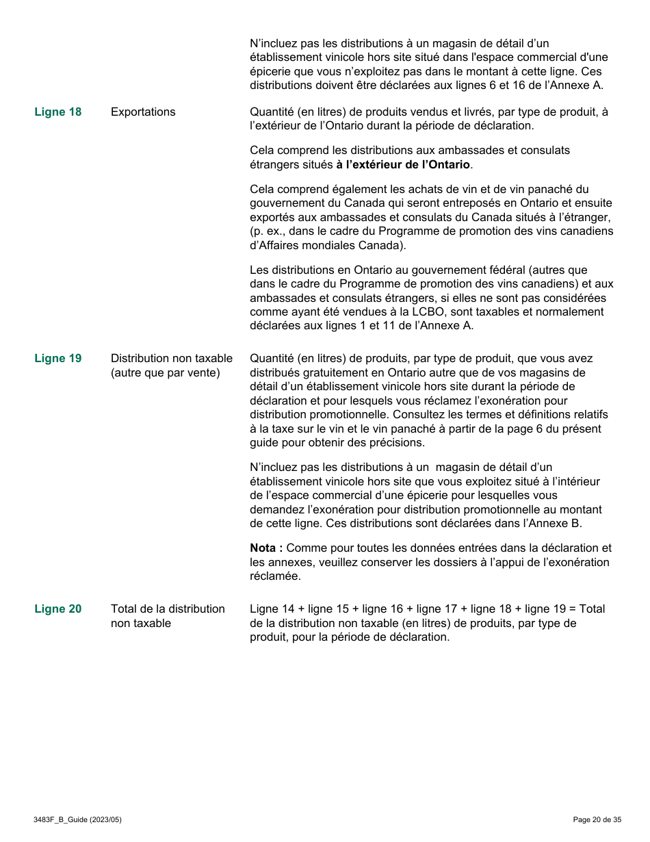 Forme 3483F Guide Relatif a La Declaration Sur Le Vin Et Le Vin Panache - B Guide (Etablissements Vinicoles Qui Ont Un Magasin De Detail Hors Site) - Ontario, Canada (French), Page 20