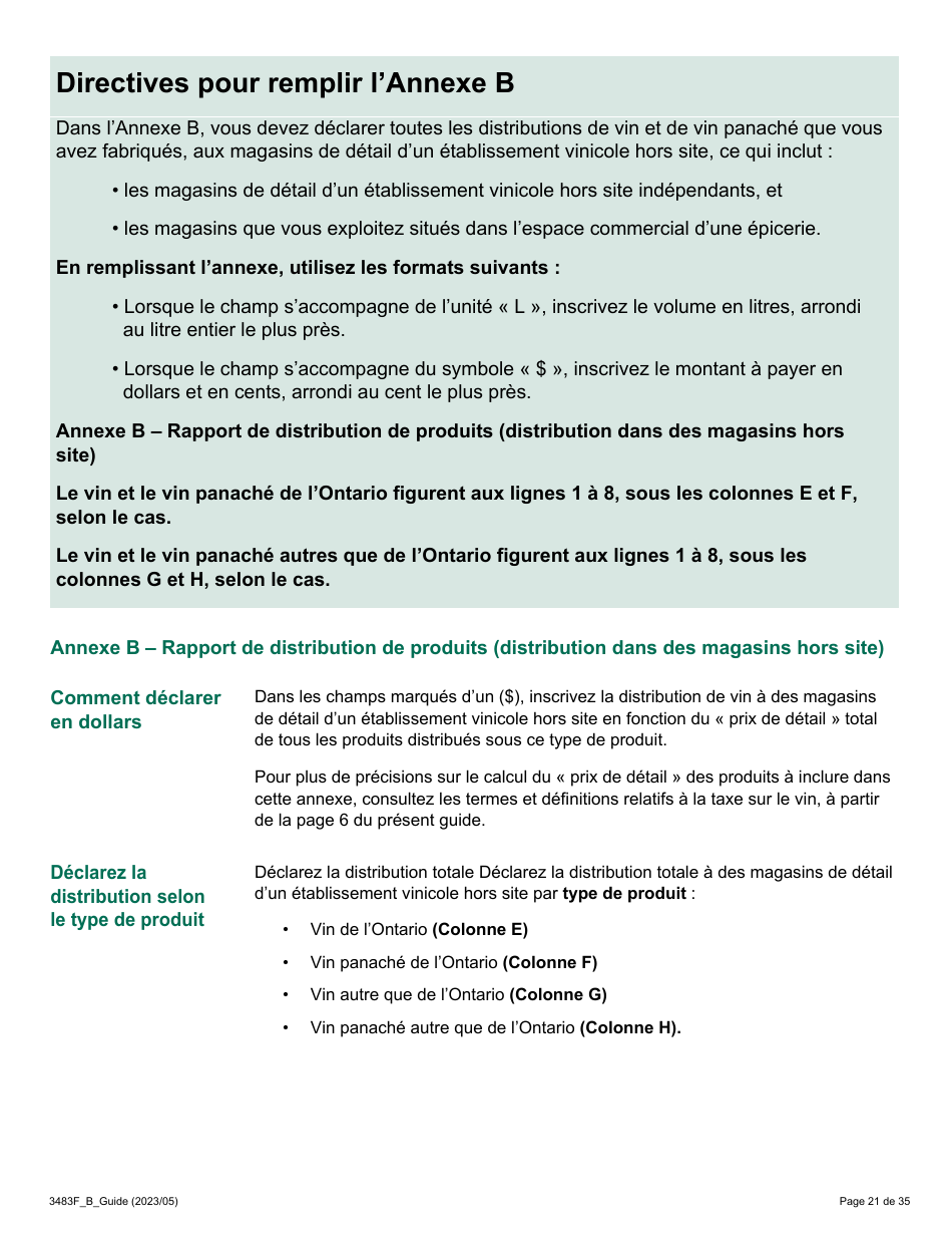 Forme 3483F Guide Relatif a La Declaration Sur Le Vin Et Le Vin Panache - B Guide (Etablissements Vinicoles Qui Ont Un Magasin De Detail Hors Site) - Ontario, Canada (French), Page 21
