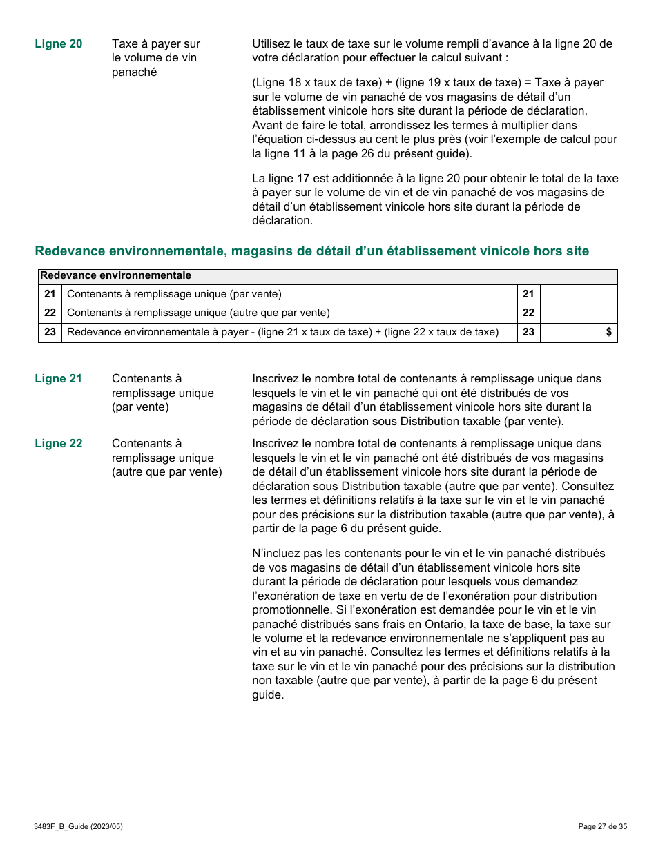 Forme 3483F Guide Relatif a La Declaration Sur Le Vin Et Le Vin Panache - B Guide (Etablissements Vinicoles Qui Ont Un Magasin De Detail Hors Site) - Ontario, Canada (French), Page 27