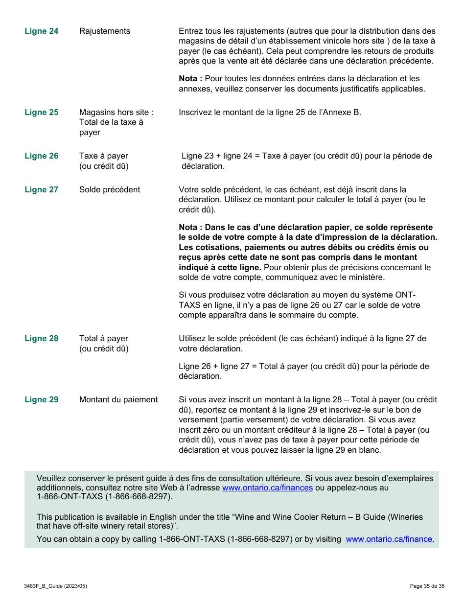 Forme 3483F Guide Relatif a La Declaration Sur Le Vin Et Le Vin Panache - B Guide (Etablissements Vinicoles Qui Ont Un Magasin De Detail Hors Site) - Ontario, Canada (French), Page 35