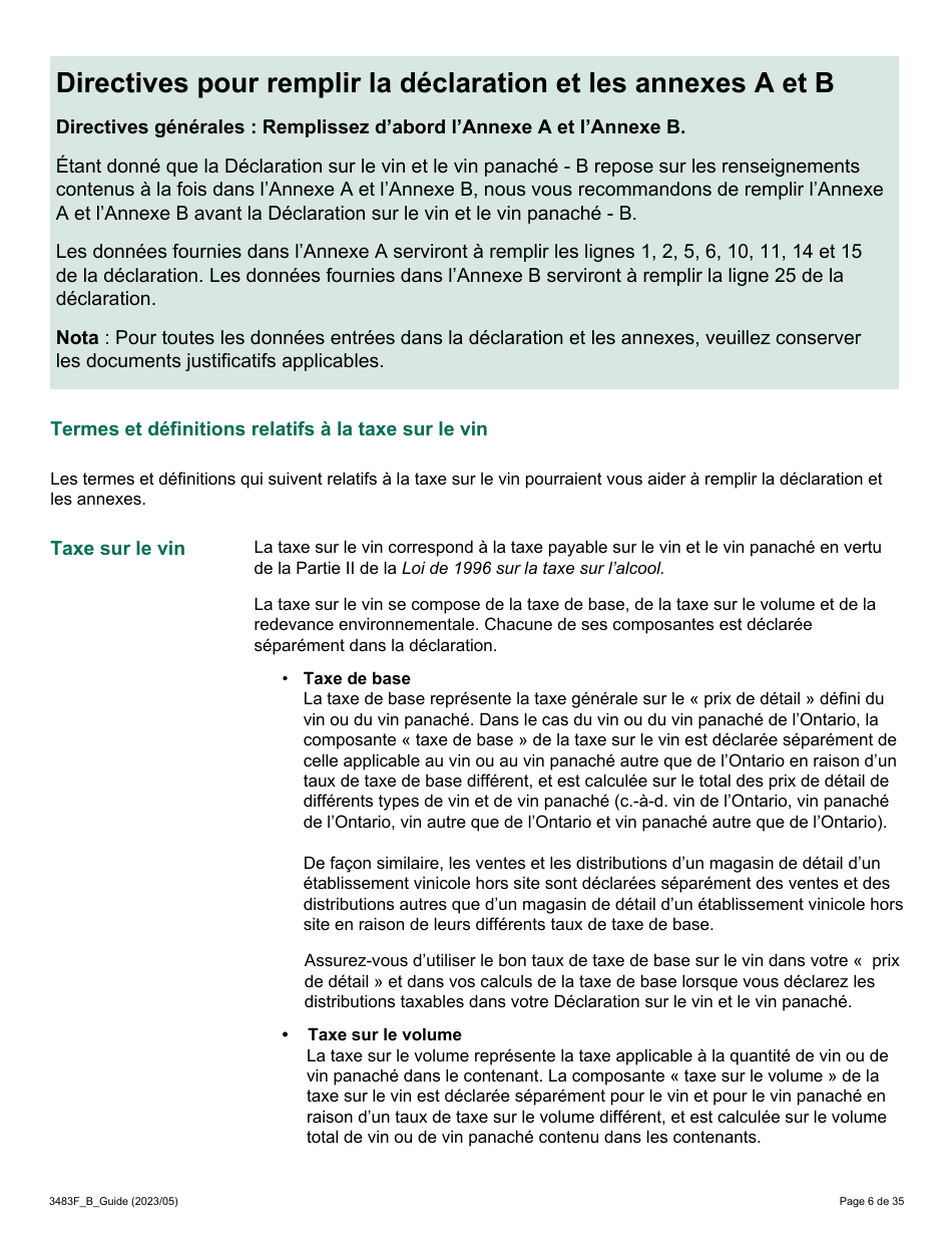 Forme 3483F Guide Relatif a La Declaration Sur Le Vin Et Le Vin Panache - B Guide (Etablissements Vinicoles Qui Ont Un Magasin De Detail Hors Site) - Ontario, Canada (French), Page 6