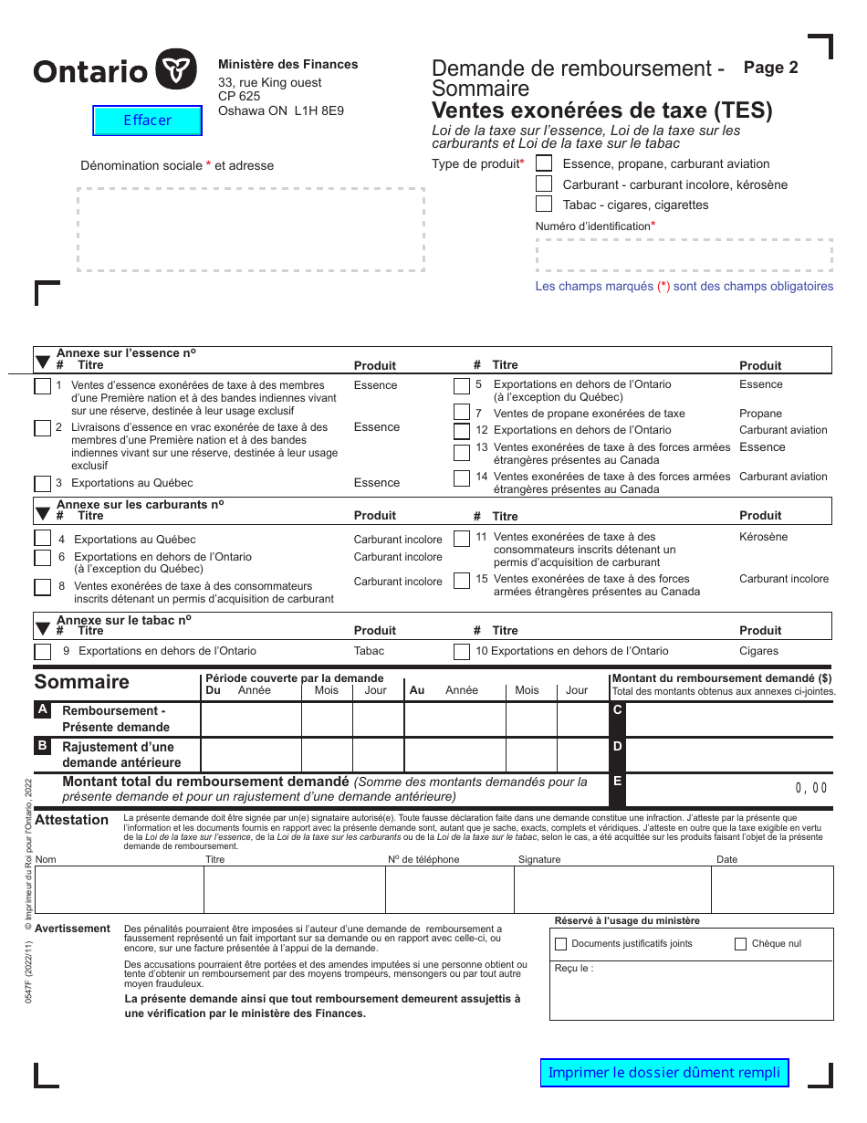 Forme 0547F Demande De Remboursement Ventes Exonerees De Taxe (Tes) - Ontario, Canada (French), Page 2