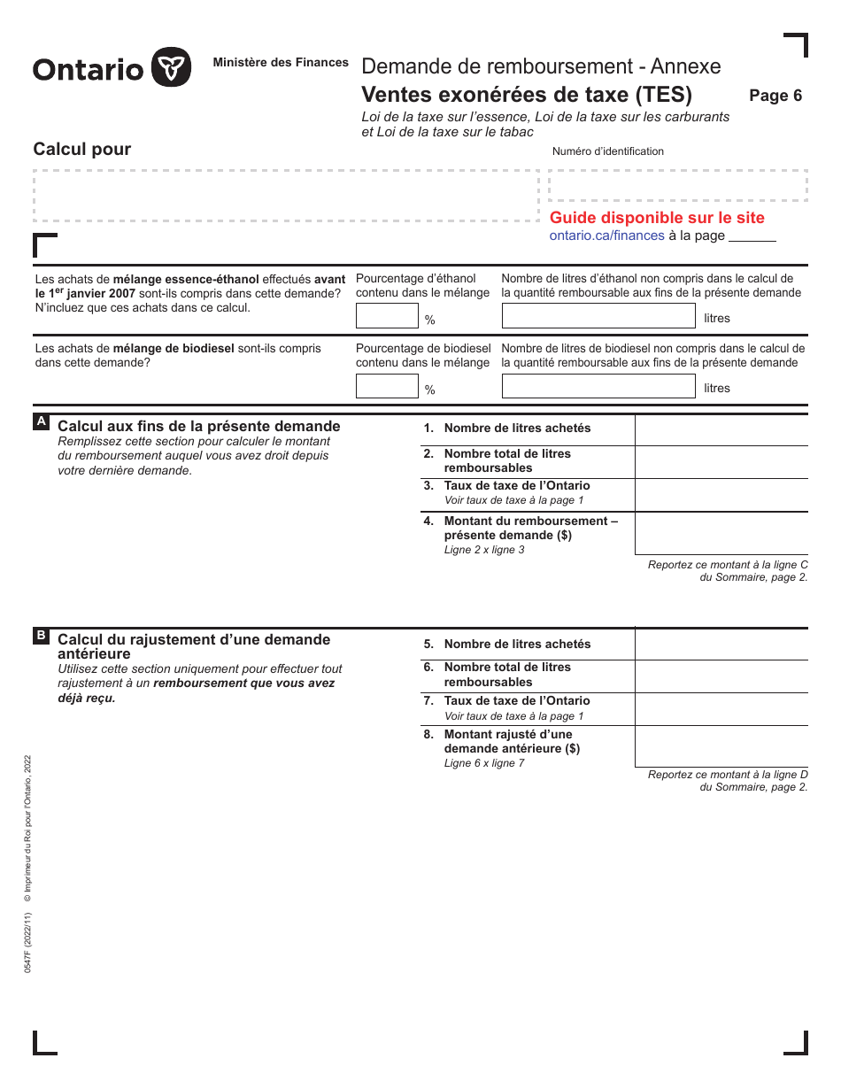 Forme 0547F Demande De Remboursement Ventes Exonerees De Taxe (Tes) - Ontario, Canada (French), Page 6