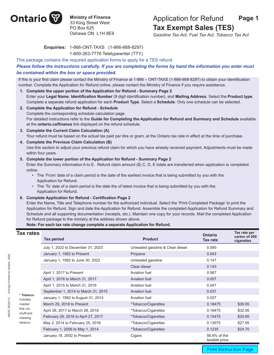 Form 0547E Application for Refund Tax Exempt Sales (Tes) - Ontario, Canada, Page 1