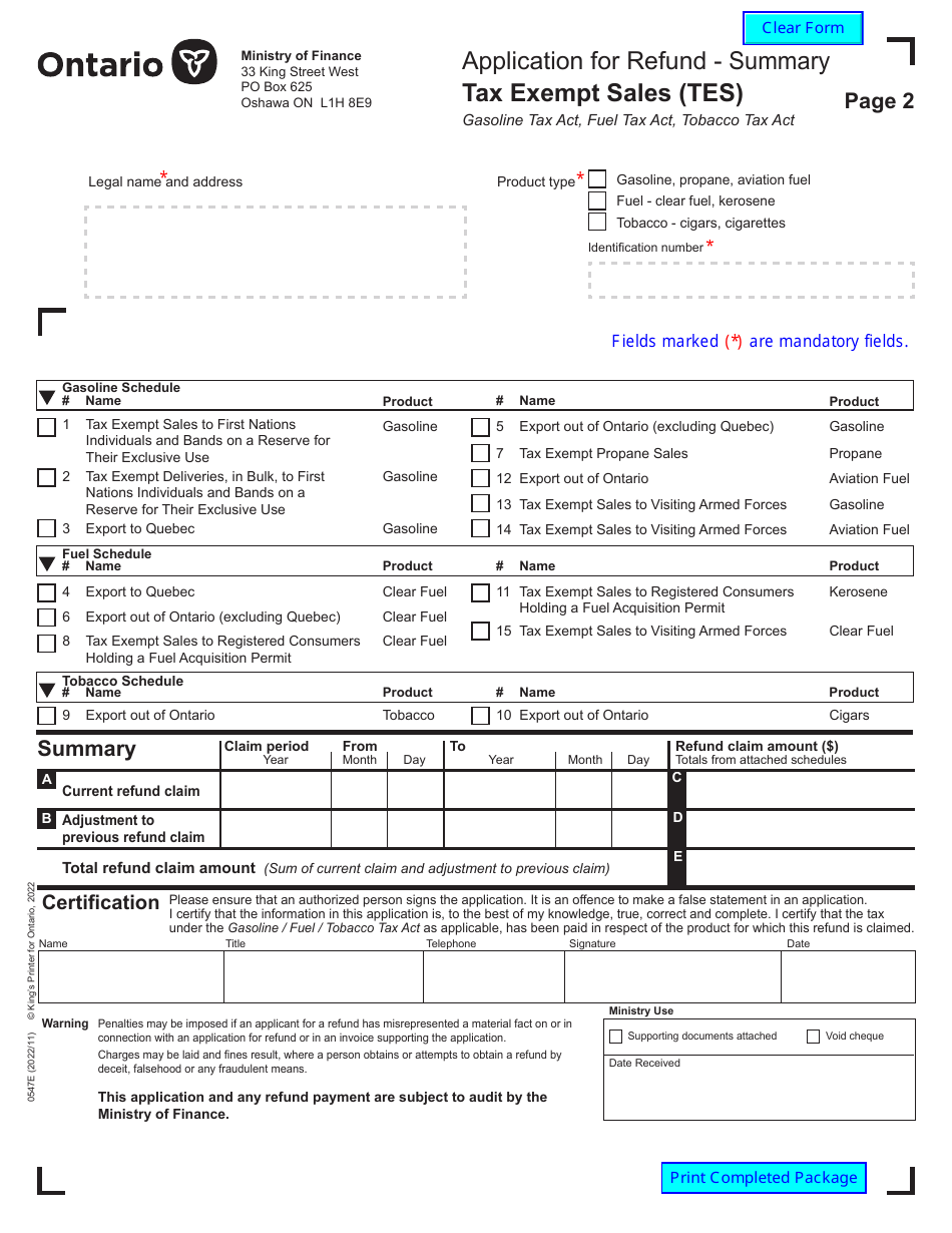 Form 0547E Application for Refund Tax Exempt Sales (Tes) - Ontario, Canada, Page 2