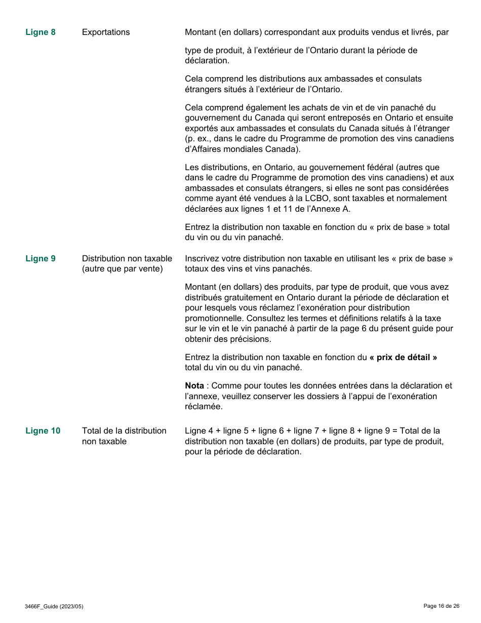 Forme 3466F Guide Relatif a La Declaration Sur Le Vin Et Le Vin Panache - Ontario, Canada (French), Page 16