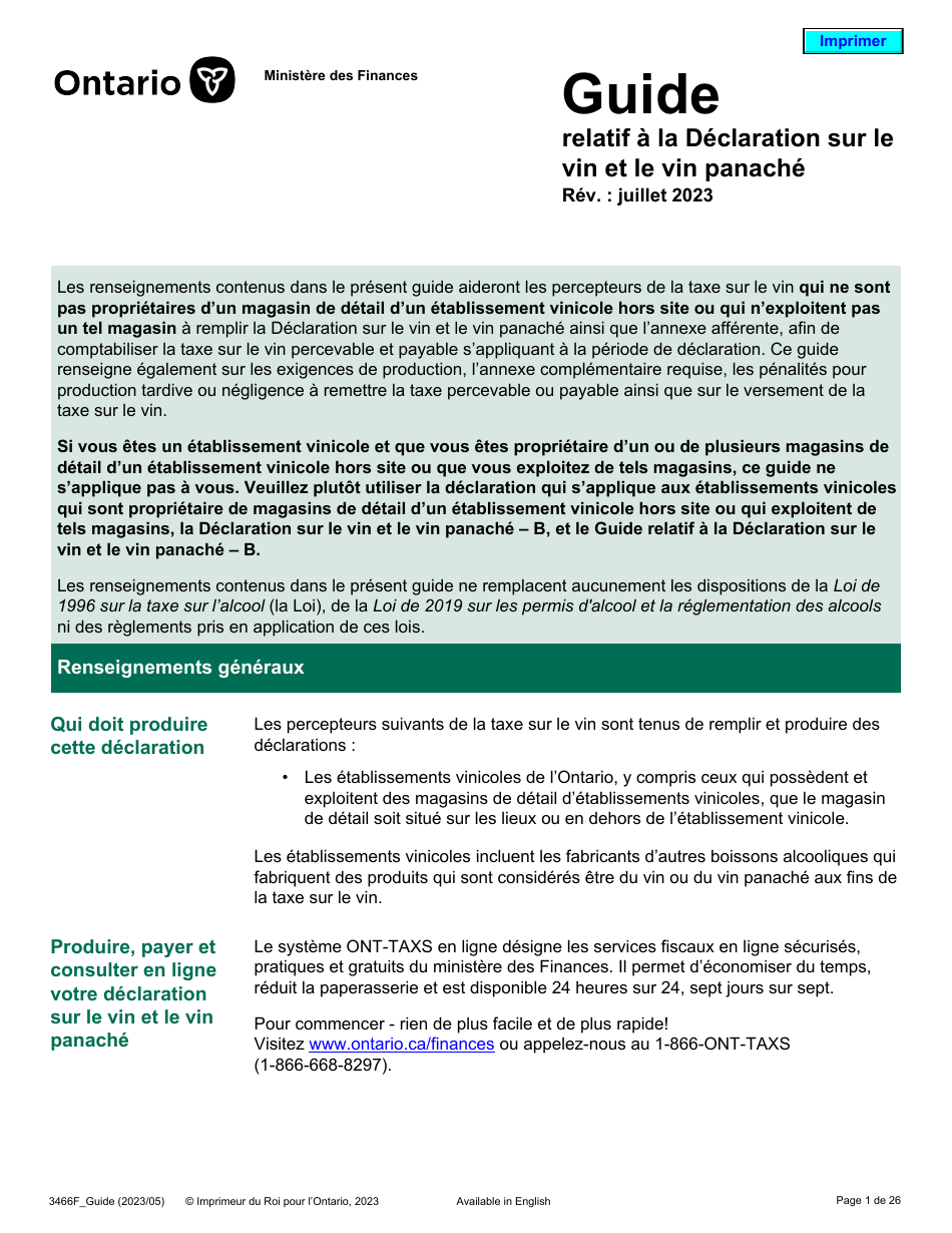 Forme 3466F Guide Relatif a La Declaration Sur Le Vin Et Le Vin Panache - Ontario, Canada (French), Page 1