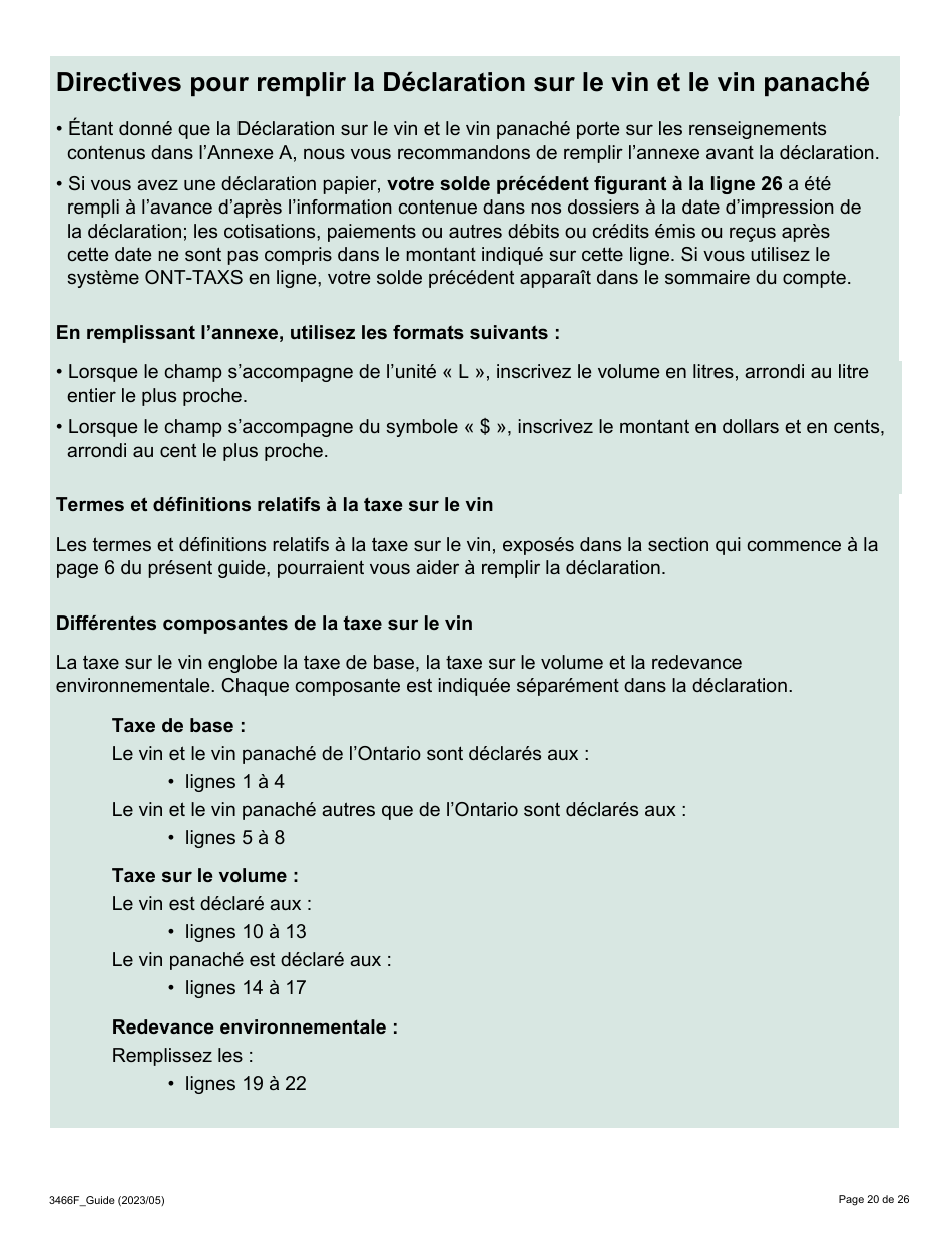 Forme 3466F Guide Relatif a La Declaration Sur Le Vin Et Le Vin Panache - Ontario, Canada (French), Page 20