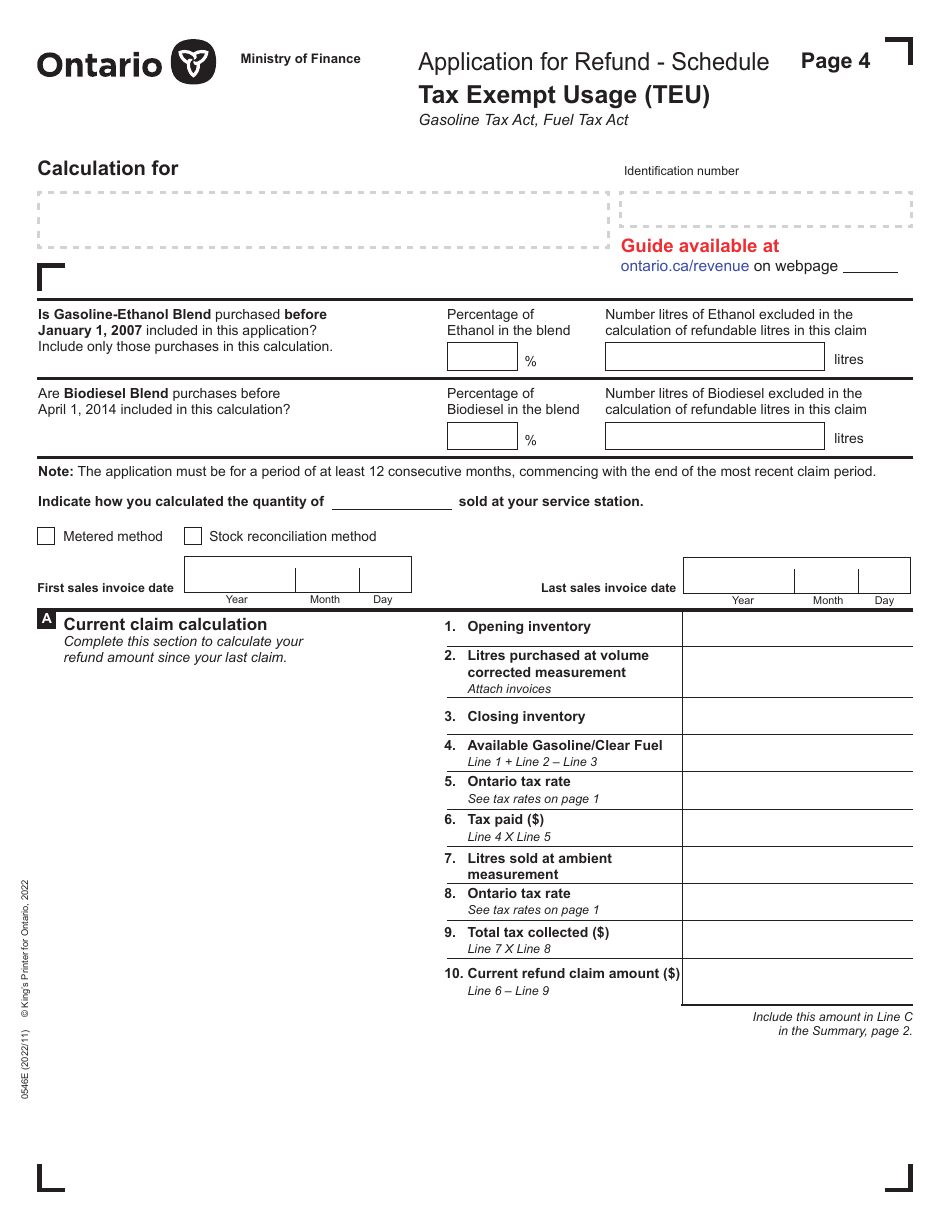 Form 0546E Application for Refund Tax Exempt Usage (Teu) - Ontario, Canada, Page 4