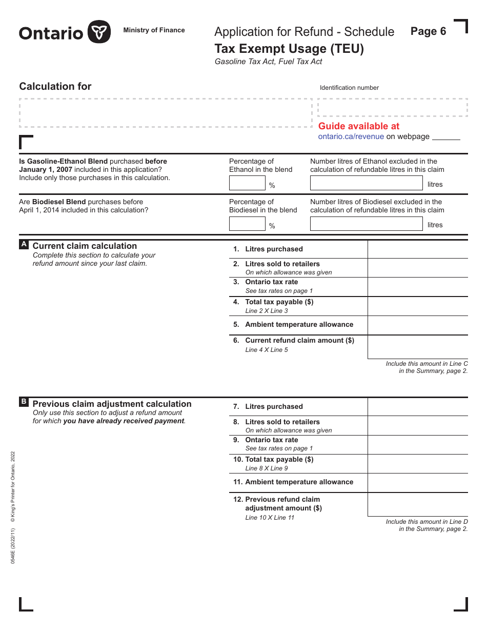 Form 0546E Application for Refund Tax Exempt Usage (Teu) - Ontario, Canada, Page 6