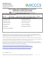 Document preview: Behavioral Health Residential Facility Admission Notification Form - Arizona