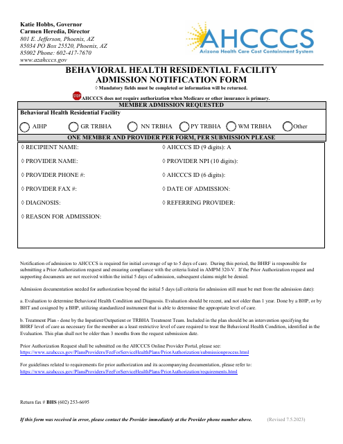 Behavioral Health Residential Facility Admission Notification Form - Arizona