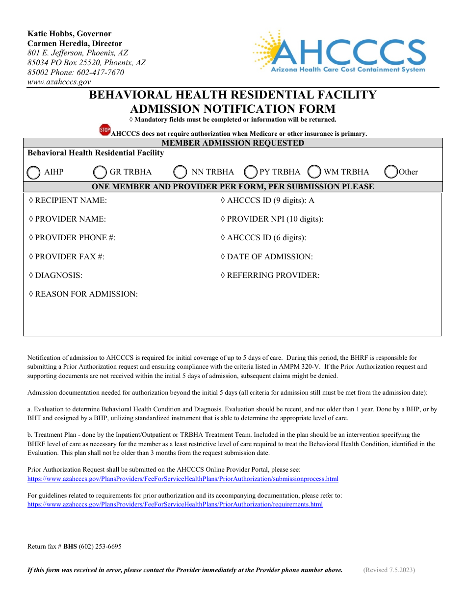 arizona-behavioral-health-residential-facility-admission-notification