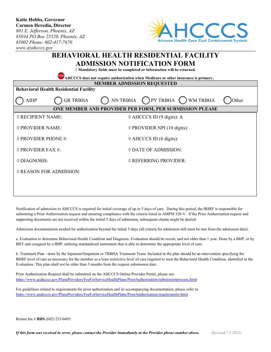 Behavioral Health Residential Facility Admission Notification Form - Arizona, Page 1