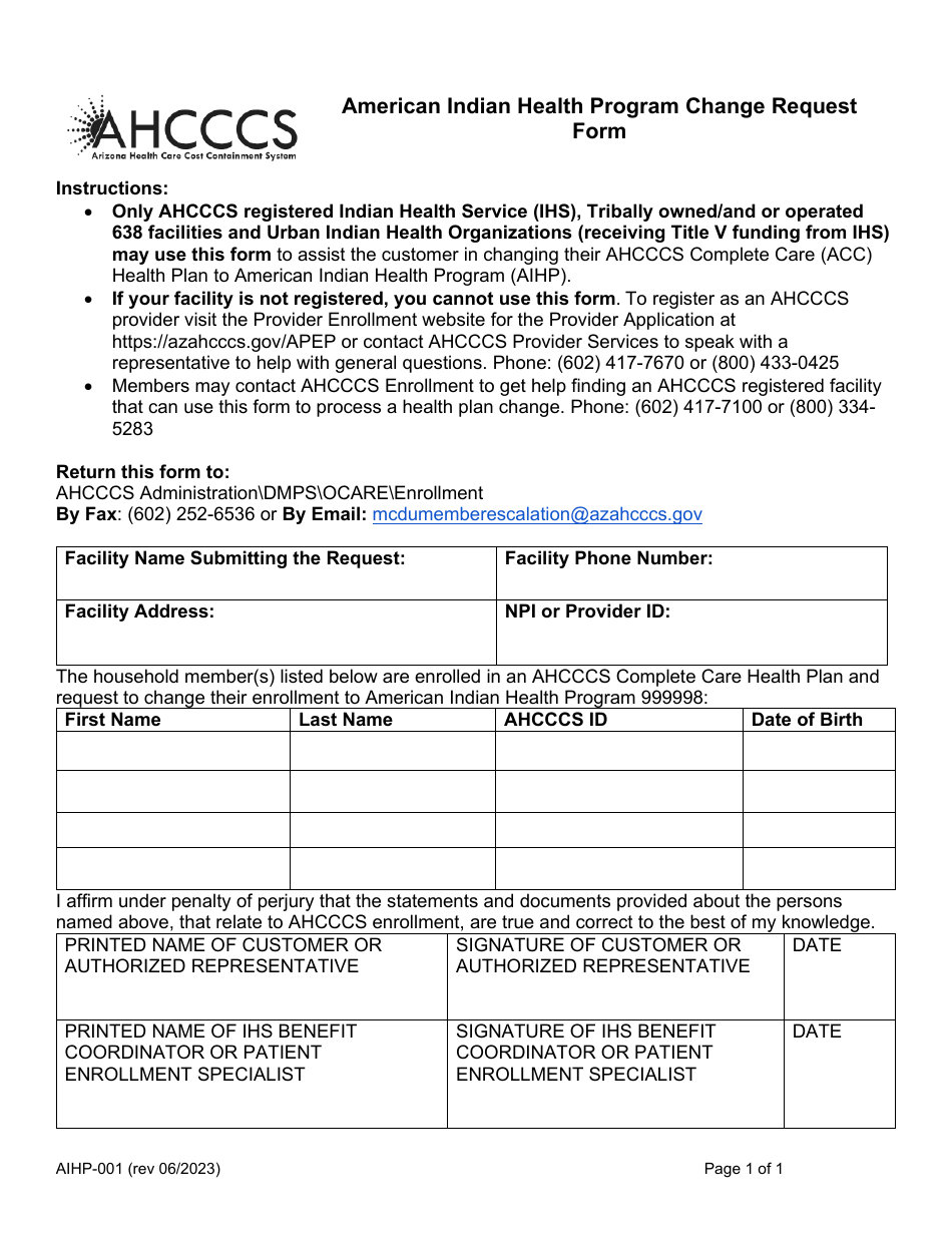 Form AIHP-001 American Indian Health Program Change Request Form - Arizona, Page 1
