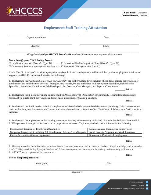 Employment Staff Training Attestation - Arizona Download Pdf
