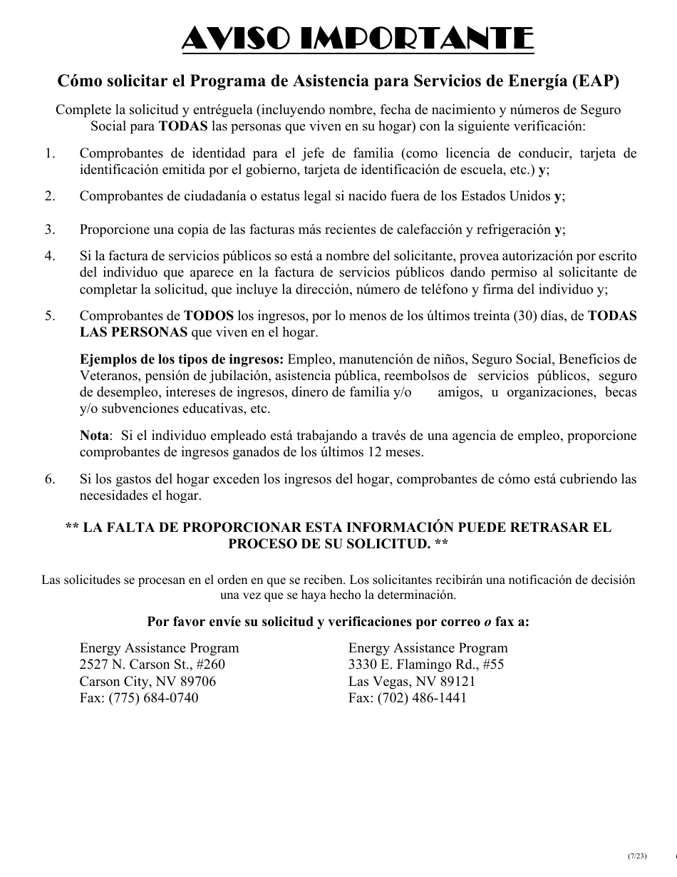 Formulario 2824-ELS Solicitud De Asistencia Para Servicios De Energia - Nevada (Spanish), Page 1