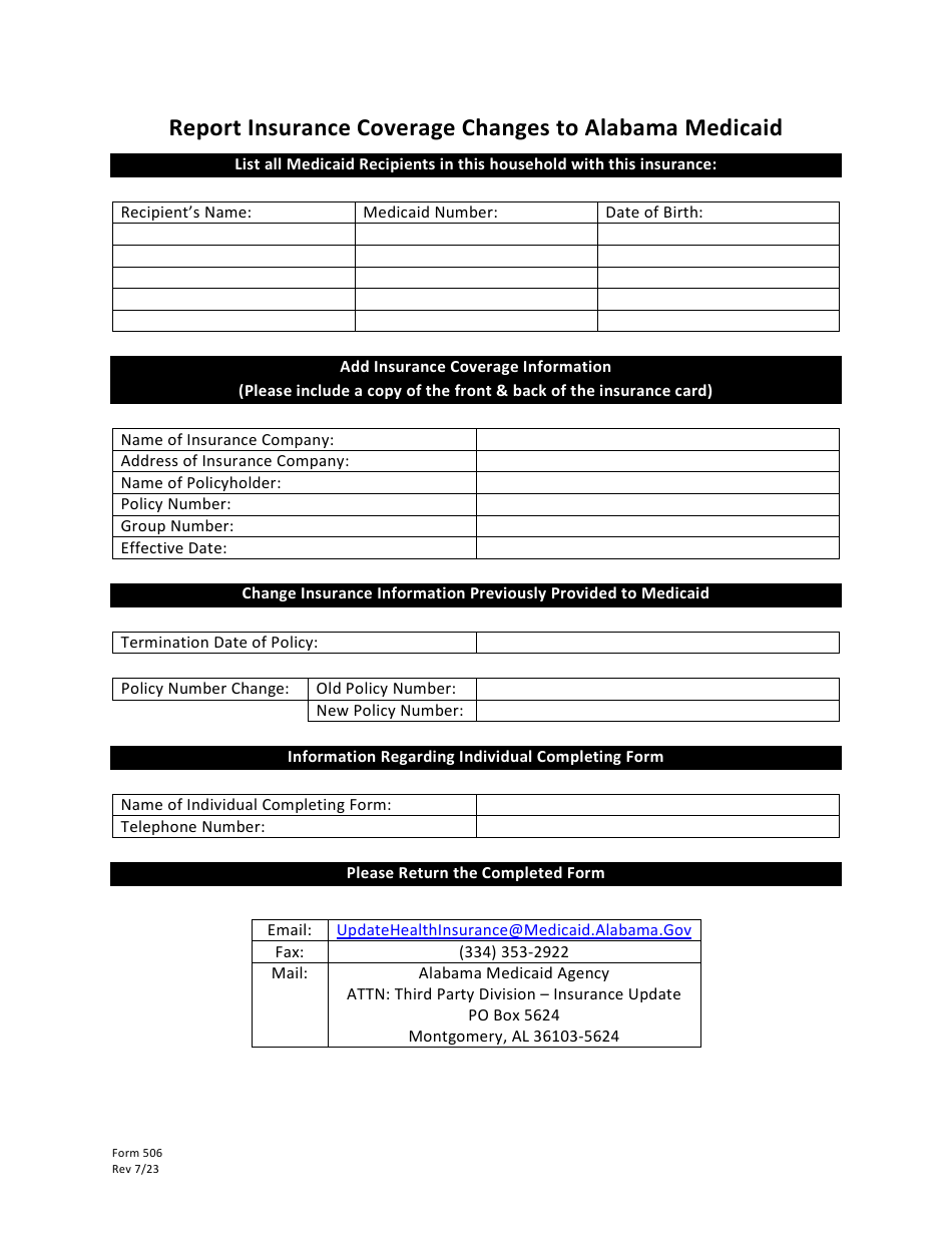 Form 506 Report Insurance Coverage Changes to Alabama Medicaid - Alabama, Page 1
