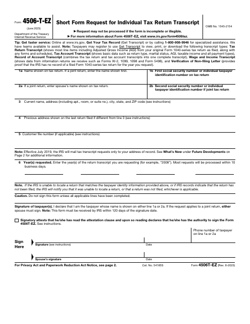 Irs Form 4506 T Ez Download Fillable Pdf Or Fill Online Short Form Request For Individual Tax 6053